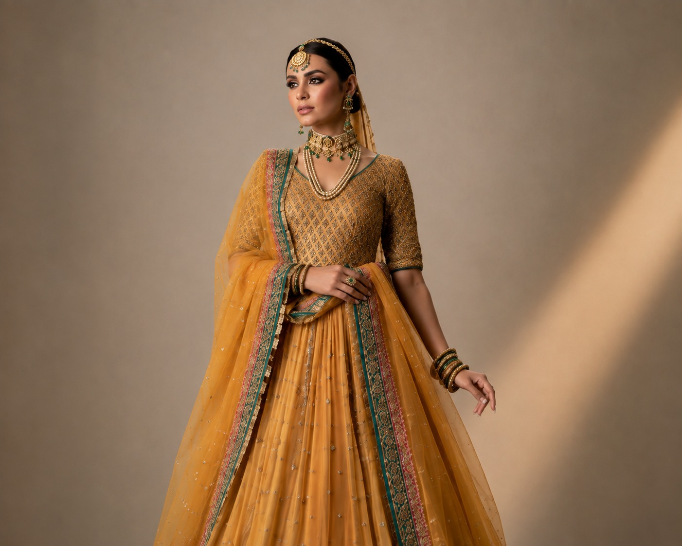 Zarnab – Mustard Gold Hand-Embroidered Bridal Lehenga Choli